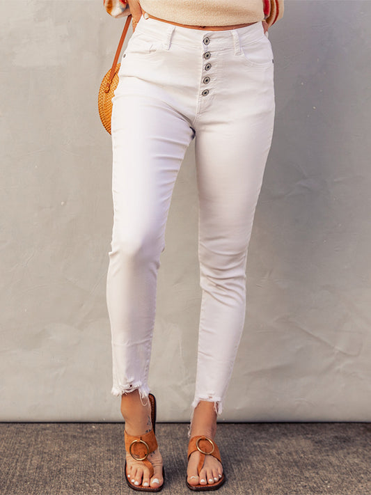 White Plain High Waist Buttons Frayed Cropped Denim Jeans White 98%Cotton+2%Elastane Jeans JT's Designer Fashion
