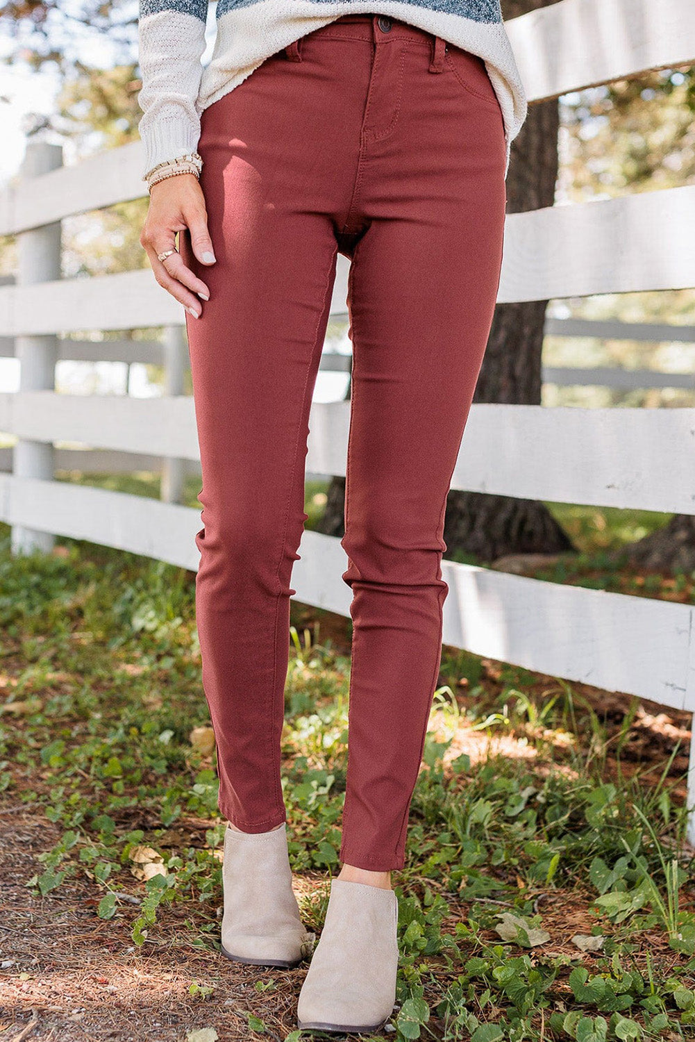 Mid Rise Solid Color Skinny Jeans Red 98%Cotton+2%Elastane Jeans JT's Designer Fashion