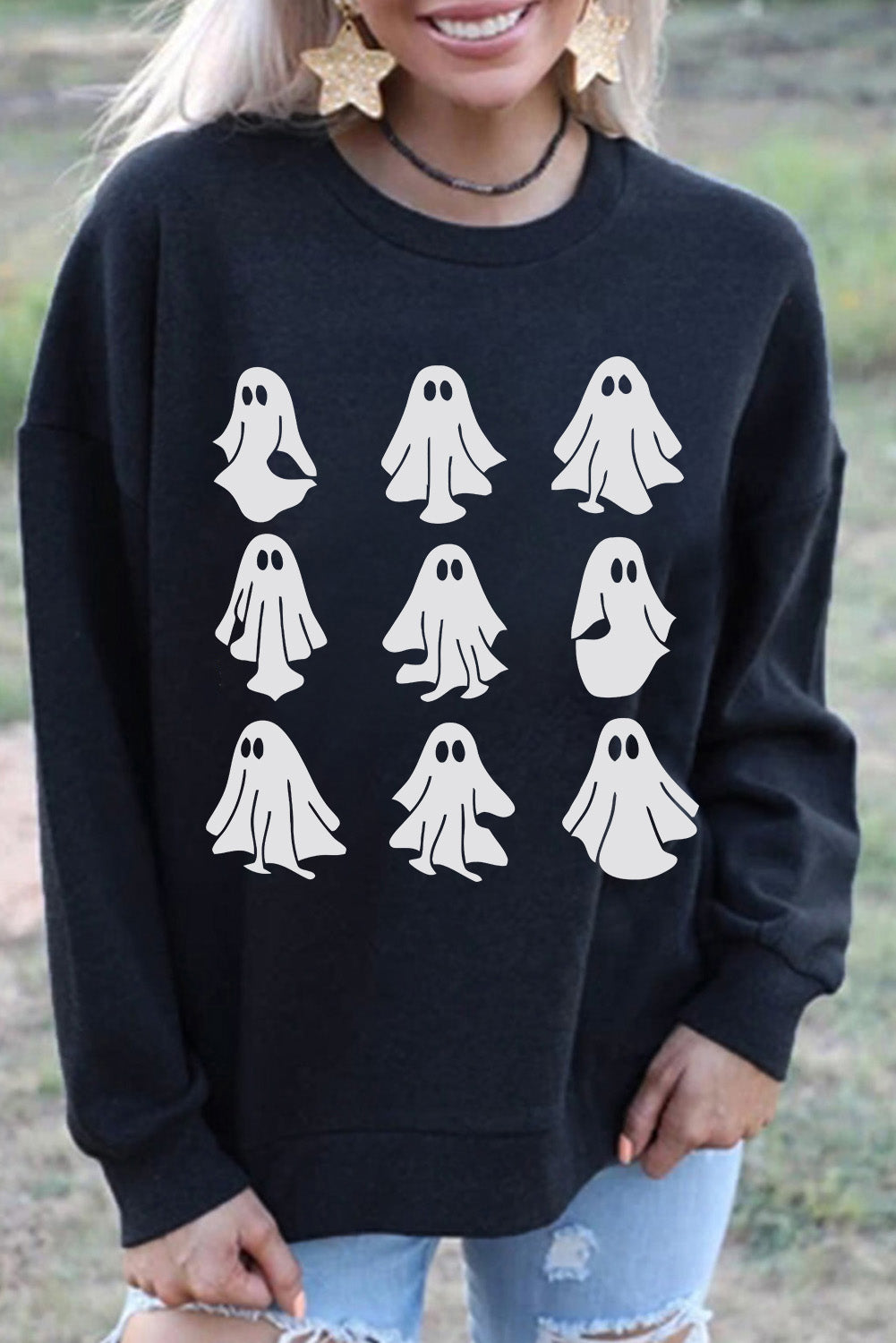 Black Diverse Halloween Ghost Printed Sweatshirt Black 70%Polyester+30%Cotton Graphic Sweatshirts JT's Designer Fashion