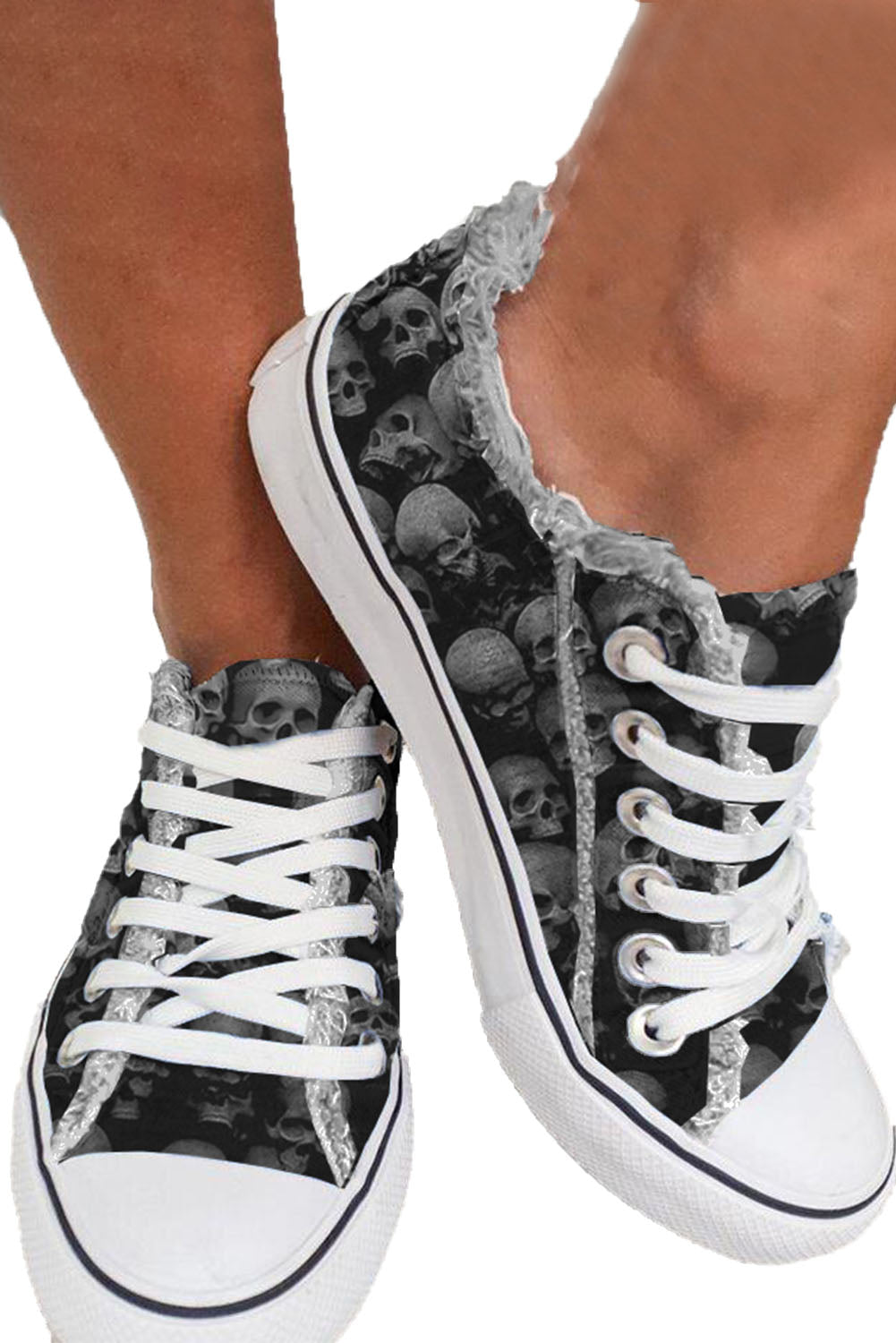 Black Halloween Skull Print Lace-up Canvas Shoes Women's Shoes JT's Designer Fashion