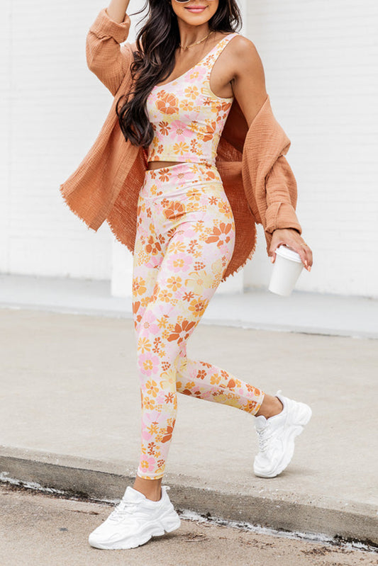 Orange Floral Print Crop Top and Leggings Active Set Bottoms JT's Designer Fashion
