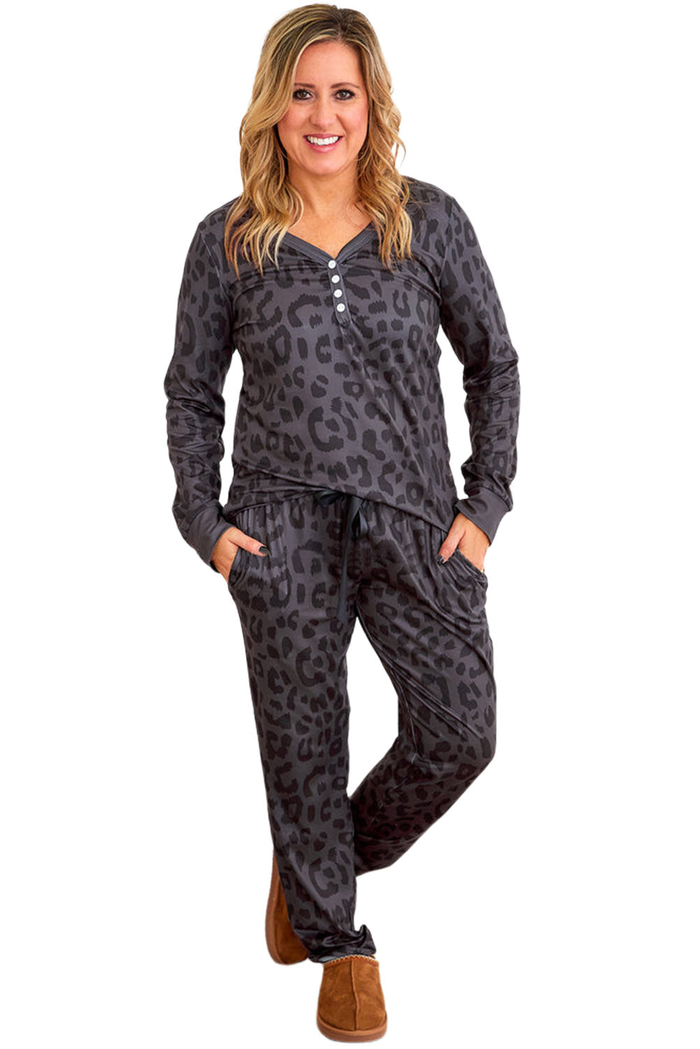 Black Plus Size Leopard Pajamas Set Plus Size JT's Designer Fashion