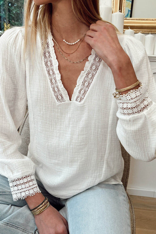 White Lace Patchwork Textured Blouse Tops & Tees JT's Designer Fashion
