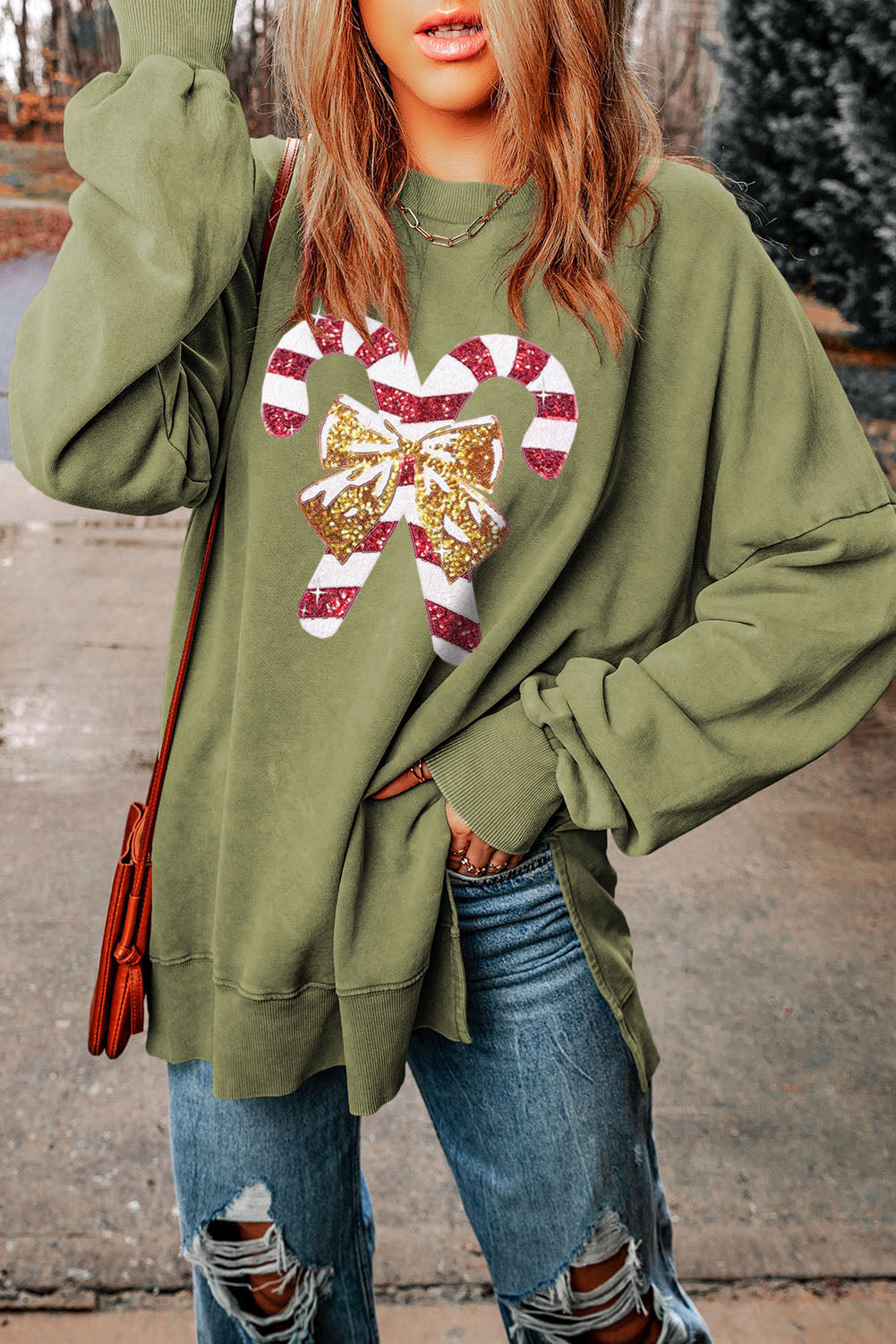 Green Christmas Cane Bow Knot Sequin Print Pullover Sweatshirt Graphic Sweatshirts JT's Designer Fashion
