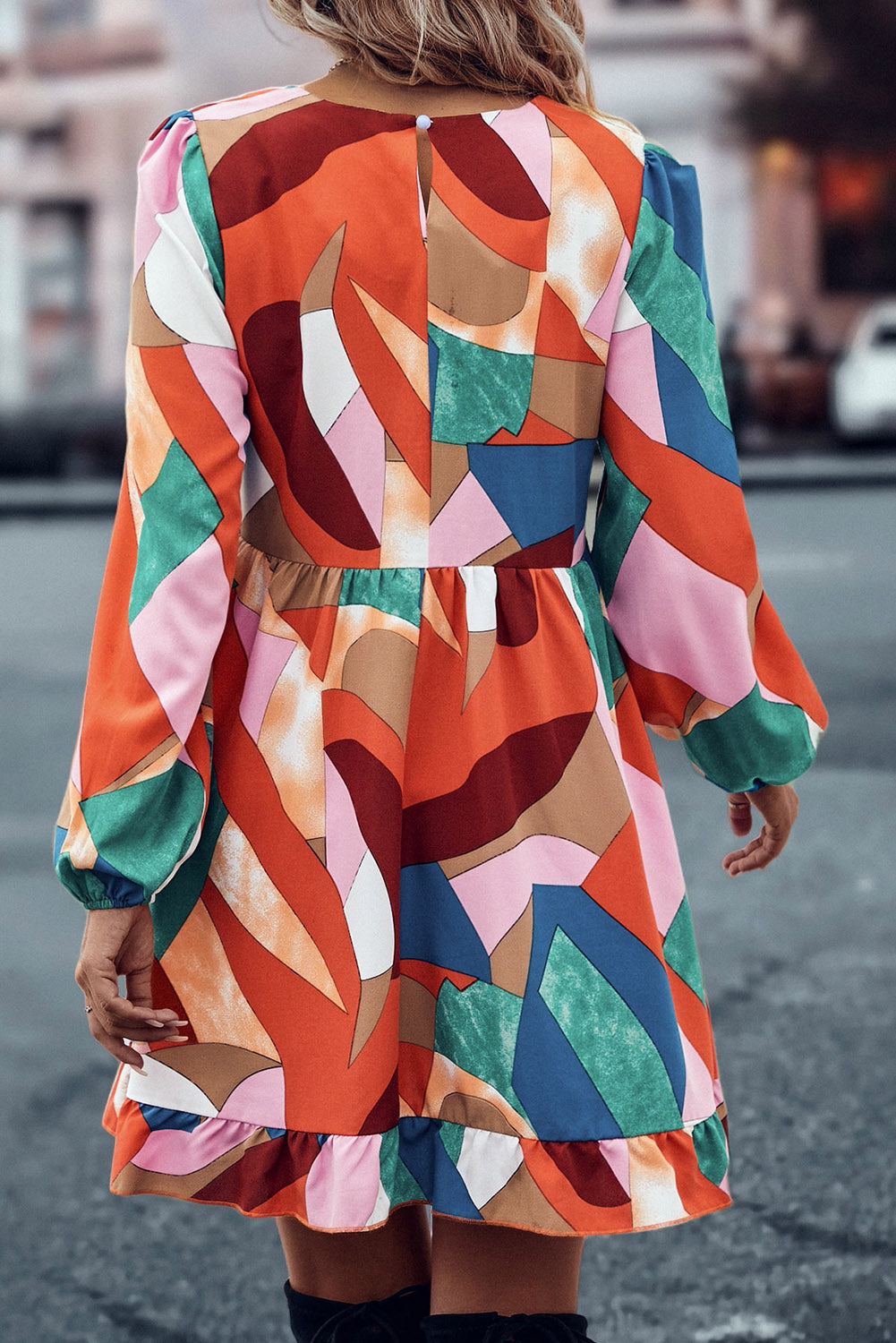 Multicolor Geometric Print Long Sleeve Ruffle Babydoll Dress Dresses JT's Designer Fashion
