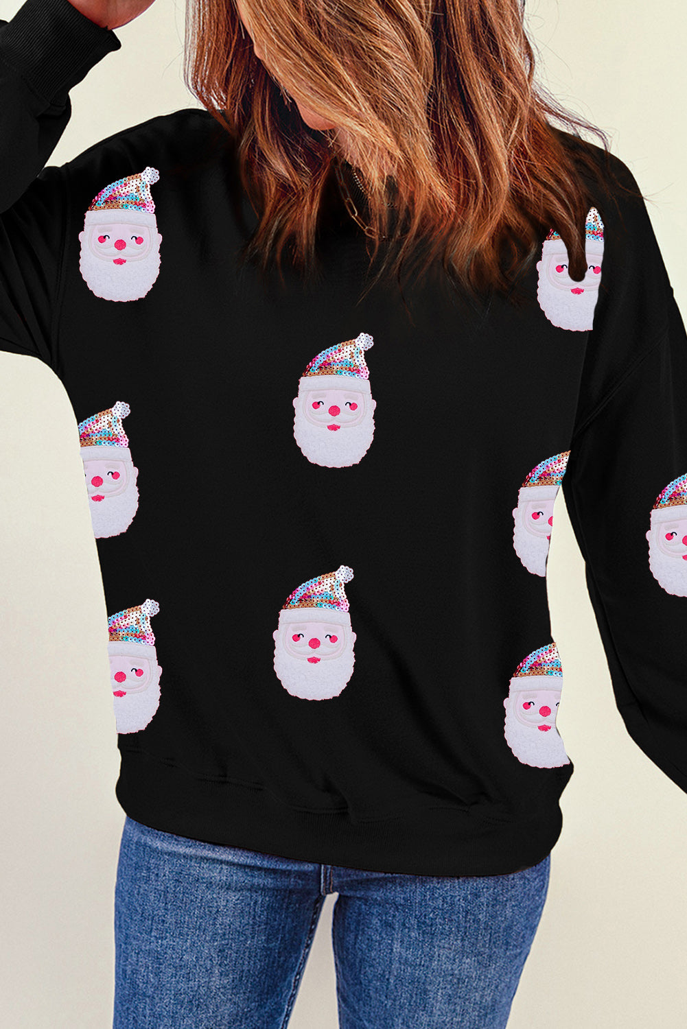 Black Sequined Christmas Santa Clause Graphic Sweatshirt Graphic Sweatshirts JT's Designer Fashion
