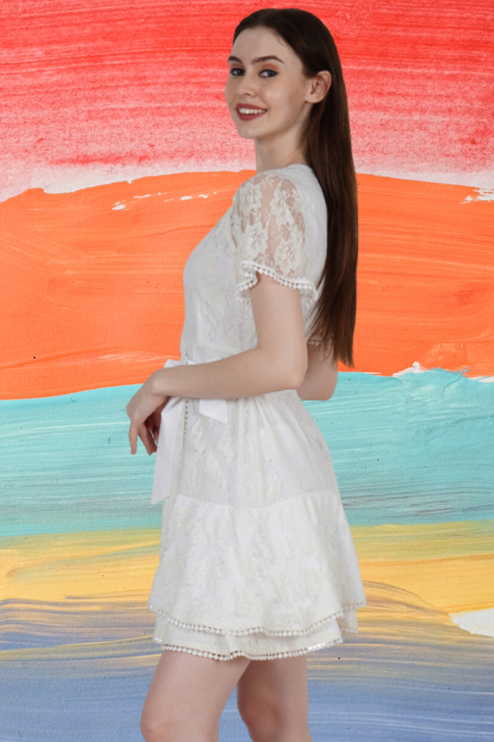 Ladies White Ruffle Lace Wrap Mini Dress Mini Dresses JT's Designer Fashion