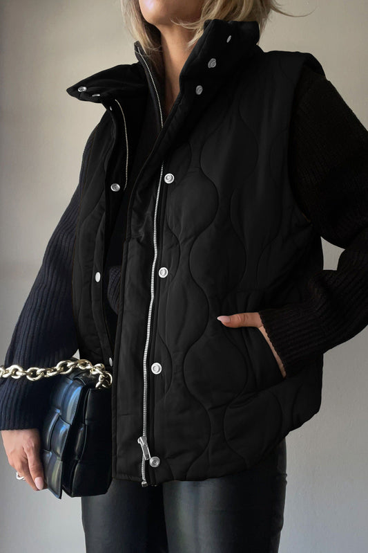 Black Textured Button Zipped Vest Jacket Outerwear JT's Designer Fashion