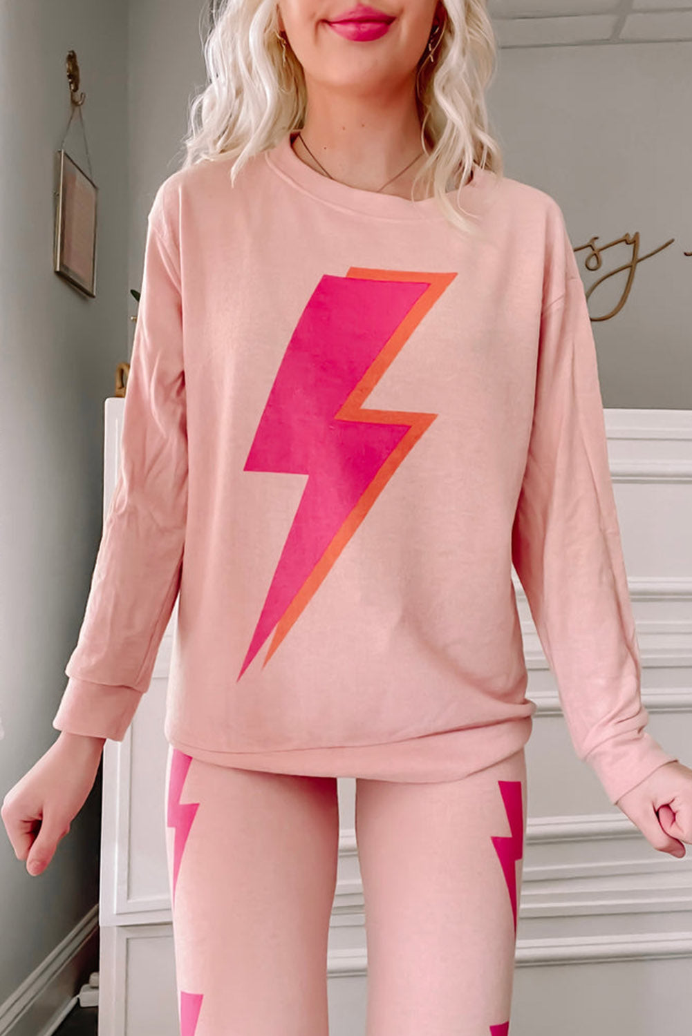 Pink Lightning Print Casual Wide Leg Long Sleeve Outfit Loungewear JT's Designer Fashion
