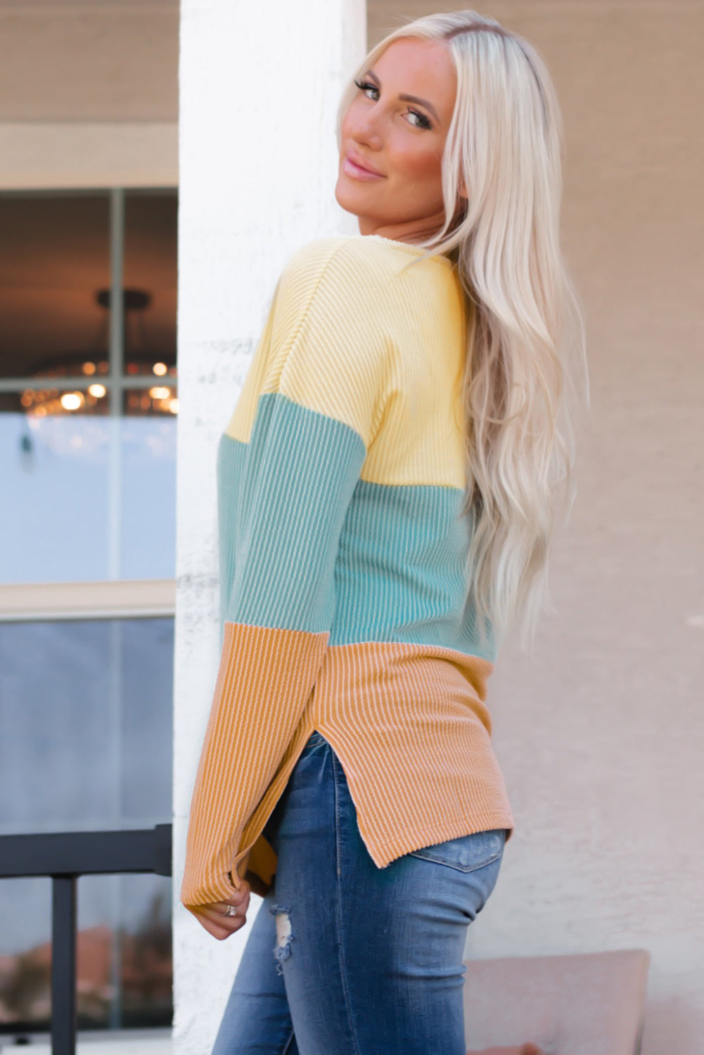 Multicolor Color Block Wavy Ribbed Pullover Long Sleeve Tops JT's Designer Fashion
