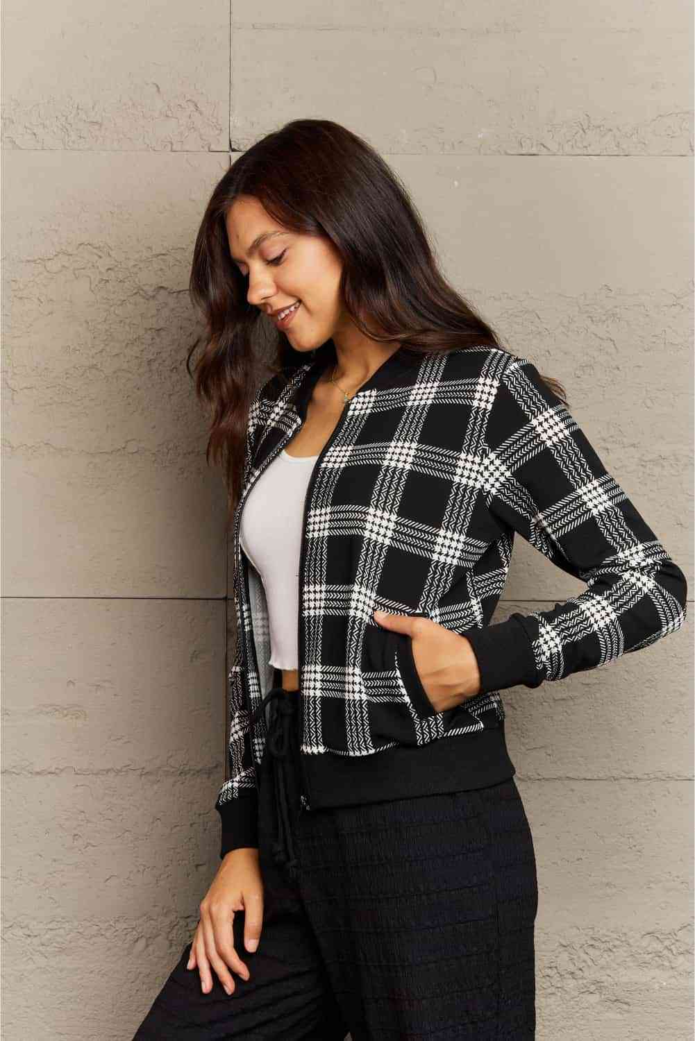 Ninexis Full Size Plaid Round Neck Long Sleeve Jacket Coats & Jackets JT's Designer Fashion
