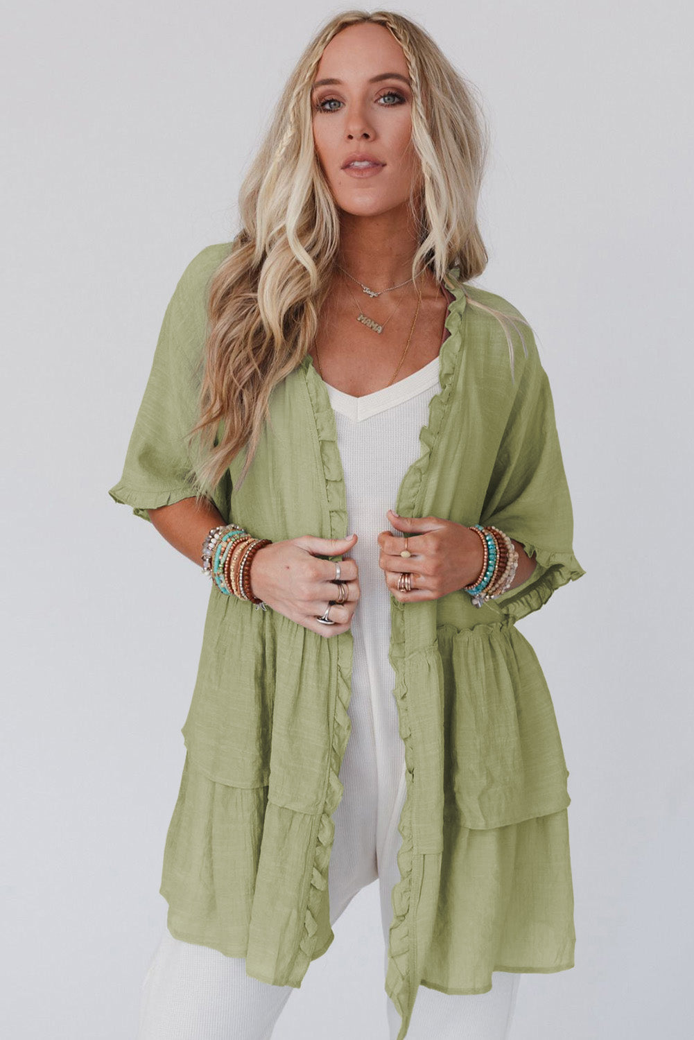 Bright Green Ruffled Trim Half Sleeve Open Front Kimono Outerwear JT's Designer Fashion