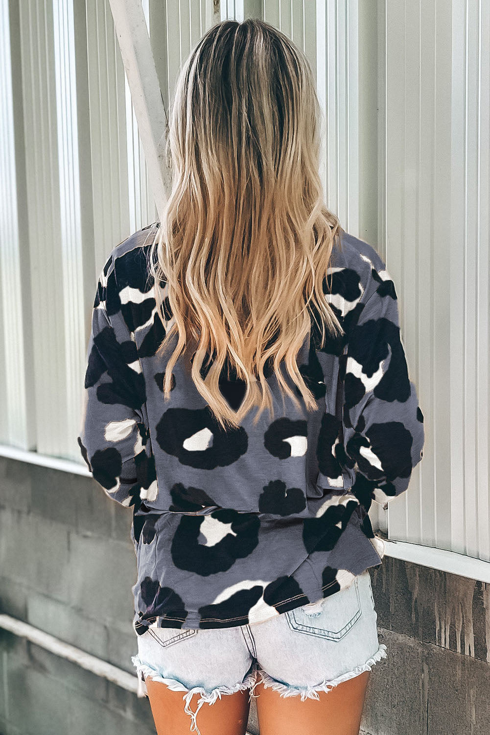 Gray Leopard Print Long Sleeve Loose Top Long Sleeve Tops JT's Designer Fashion