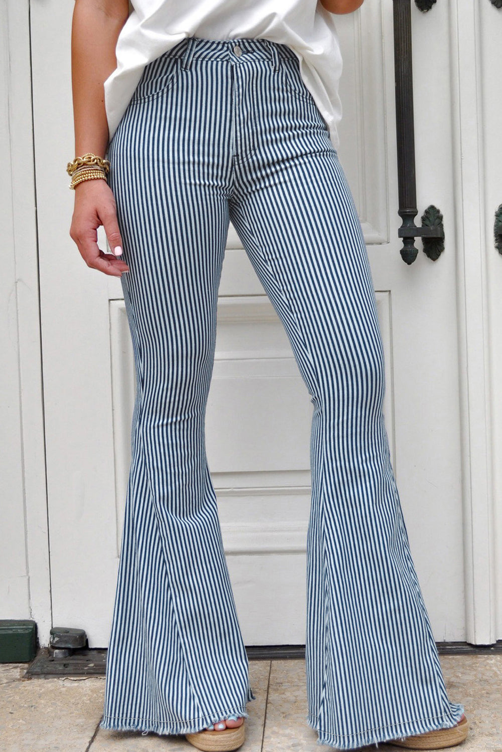 Mile High Pin Stripe Bell Bottoms Sky Blue 85%Cotton+10%Polyester+5%Elastane Jeans JT's Designer Fashion