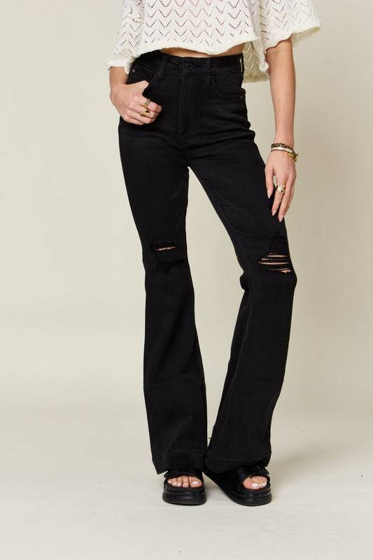 Judy Blue Full Size High Waist Distressed Flare Jeans Black Jeans JT's Designer Fashion