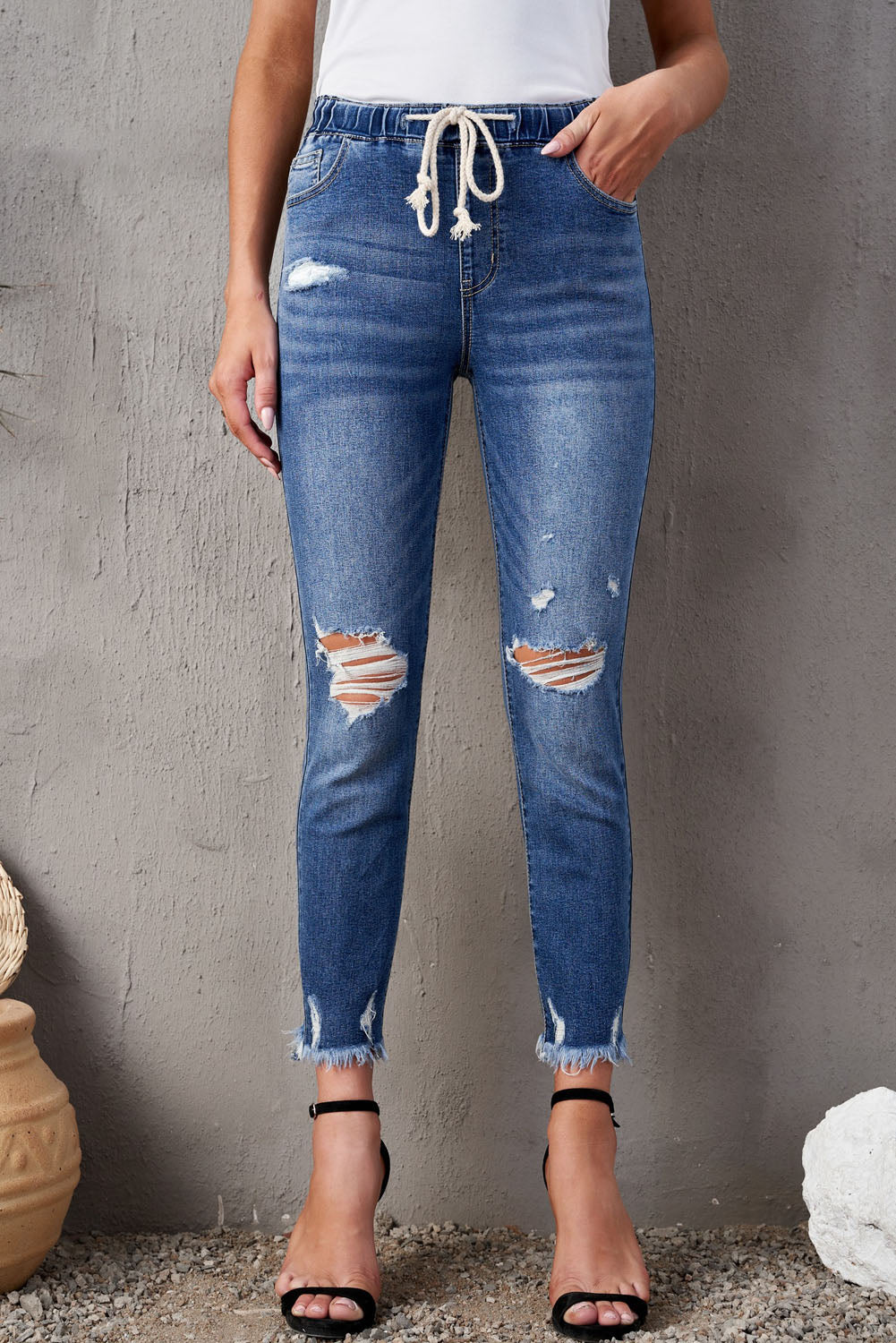 Dark Blue Elastic Waist Straight Leg Destroyed Raw Hem Jeans Blue 70%Cotton+28.5%Polyester+1.5%Spandex Jeans JT's Designer Fashion