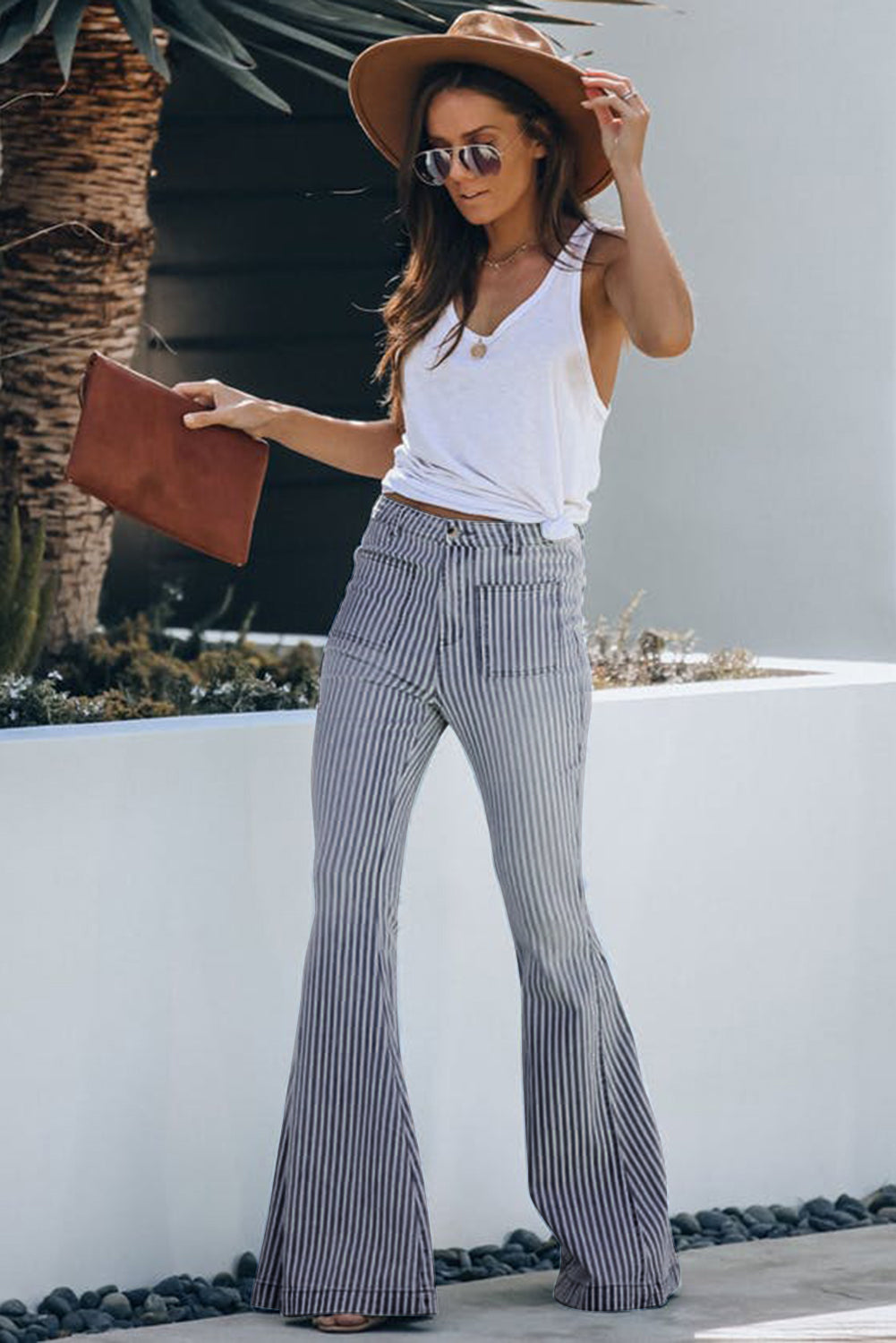 Pocketed Striped Bell Bottom Denim Pants Jeans JT's Designer Fashion