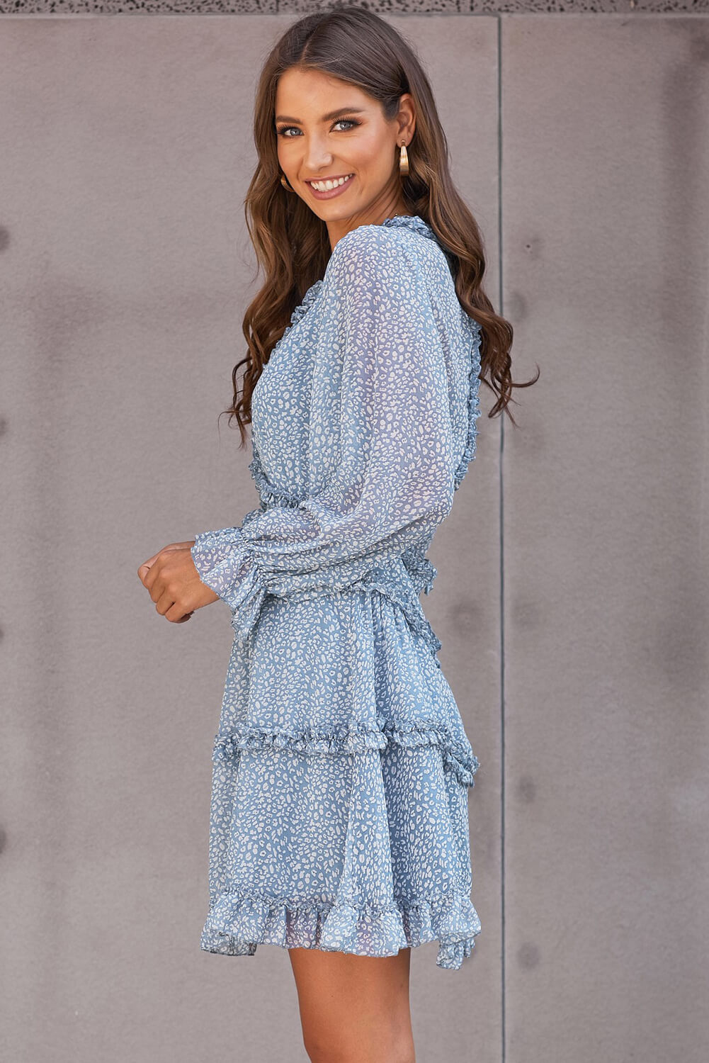 Sky Blue Ruffle Detailing Open Back Floral Dress Floral Dresses JT's Designer Fashion