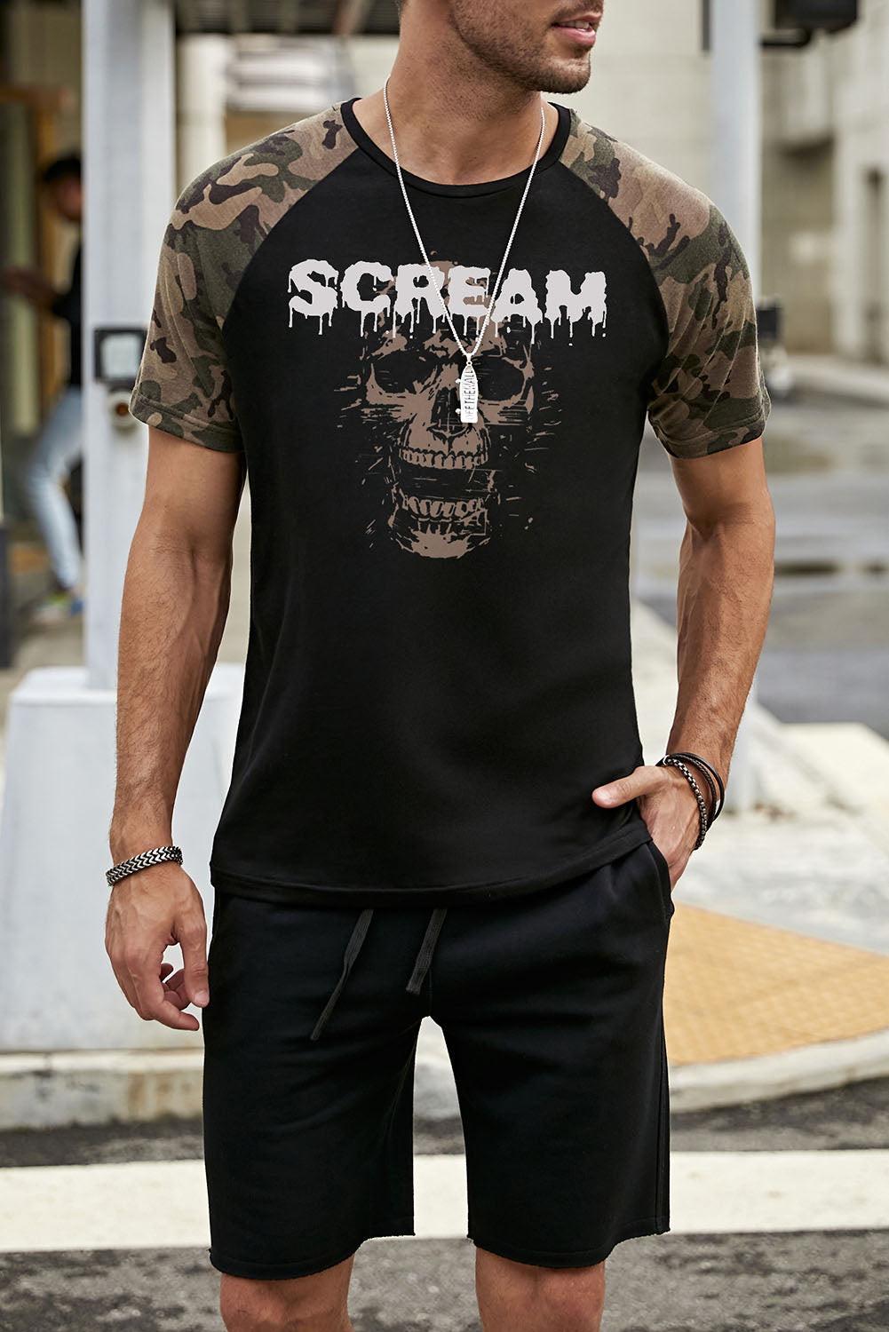 Black SCREAM Skull Camo Print Raglan Sleeve Men's Graphic Tee Black 65%Polyester+30%Cotton+5%Elastane Men's Tops JT's Designer Fashion