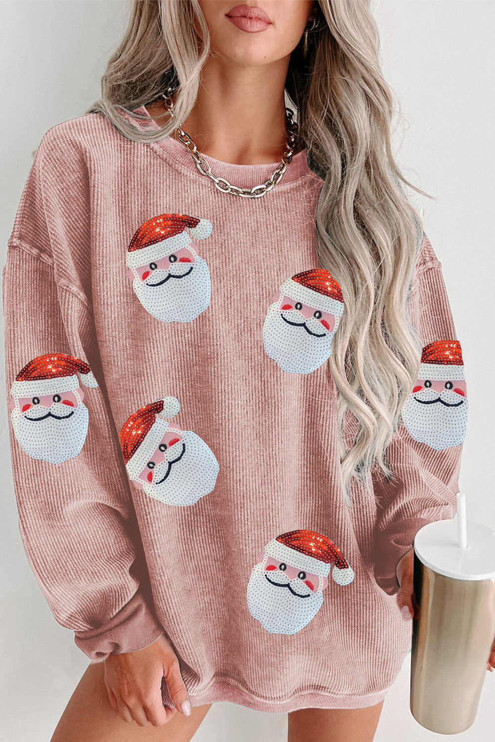 Pink Sequined Santa Claus Corded Christmas Sweatshirt Pink 100%Polyester Graphic Sweatshirts JT's Designer Fashion