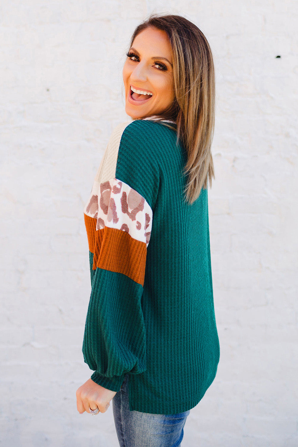 Green Leopard Color Block Waffle Knit Top Long Sleeve Tops JT's Designer Fashion