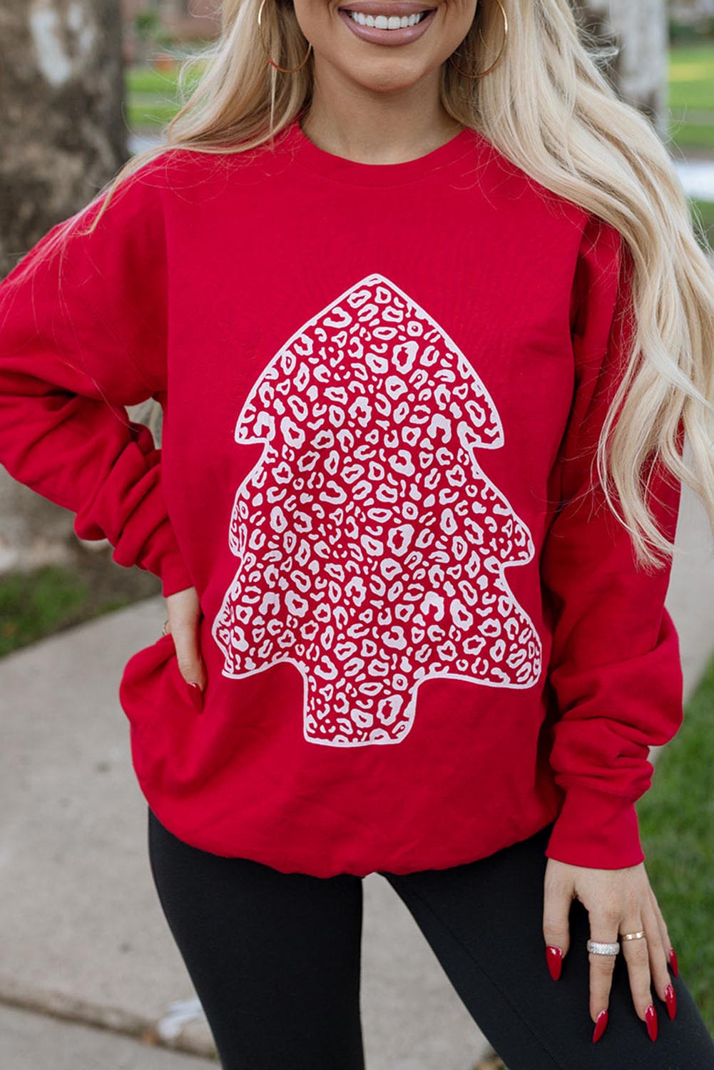 Red Leopard Christmas Tree Print Pullover Sweatshirt Red-2 70%Polyester+30%Cotton Graphic Sweatshirts JT's Designer Fashion