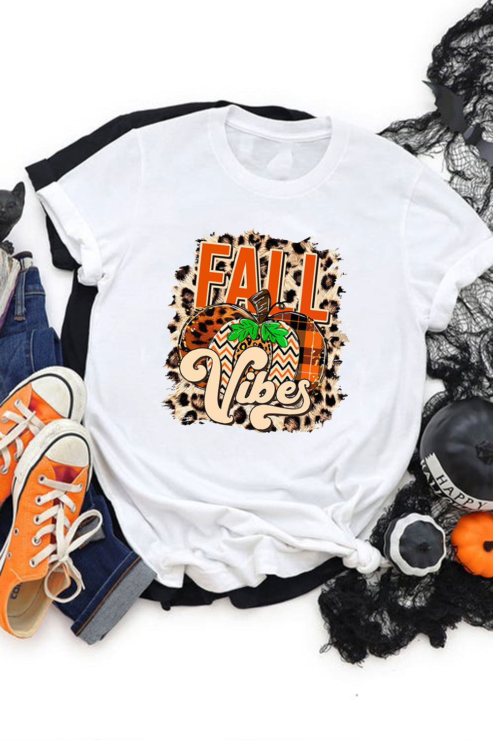White Leopard FALL Vibes Halloween Pumpkin Graphic Tee Graphic Tees JT's Designer Fashion