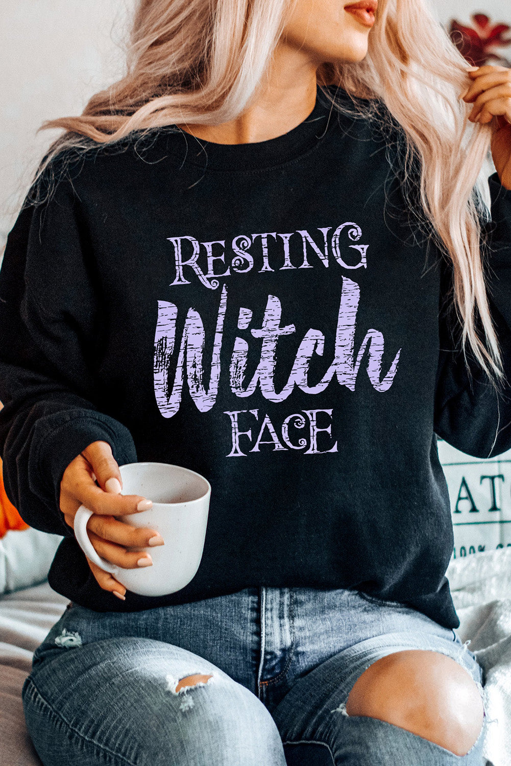 Black RESTING Witch FACE Graphic Pullover Sweatshirt Black 70%Polyester+30%Cotton Graphic Sweatshirts JT's Designer Fashion