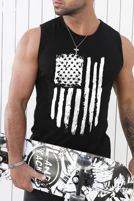 Black American Flag Print Muscle Fit O Neck Men's Tank Top Black 62%Polyester+32%Cotton+6%Elastane Men's Tops JT's Designer Fashion