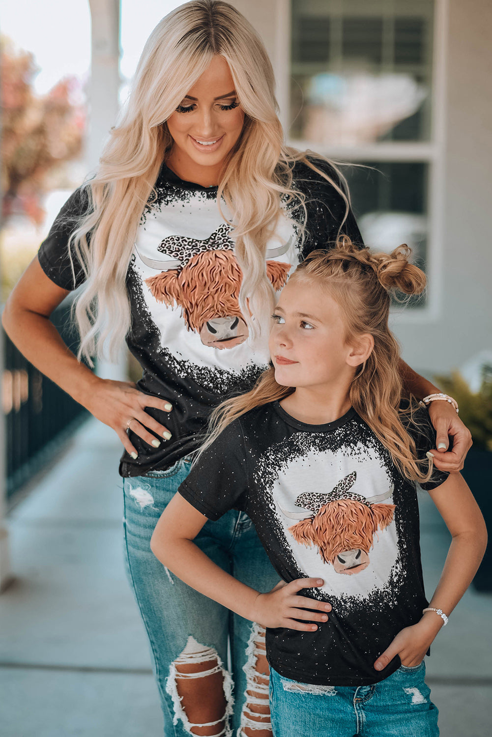 Black Family Matching Cow Head Graphic Print Color Block Girl's Top Family T-shirts JT's Designer Fashion