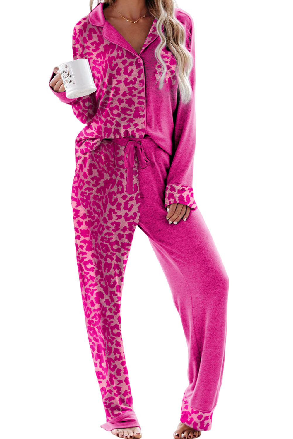 Rose Leopard Contrast Pocket Long Pajama Set Loungewear JT's Designer Fashion