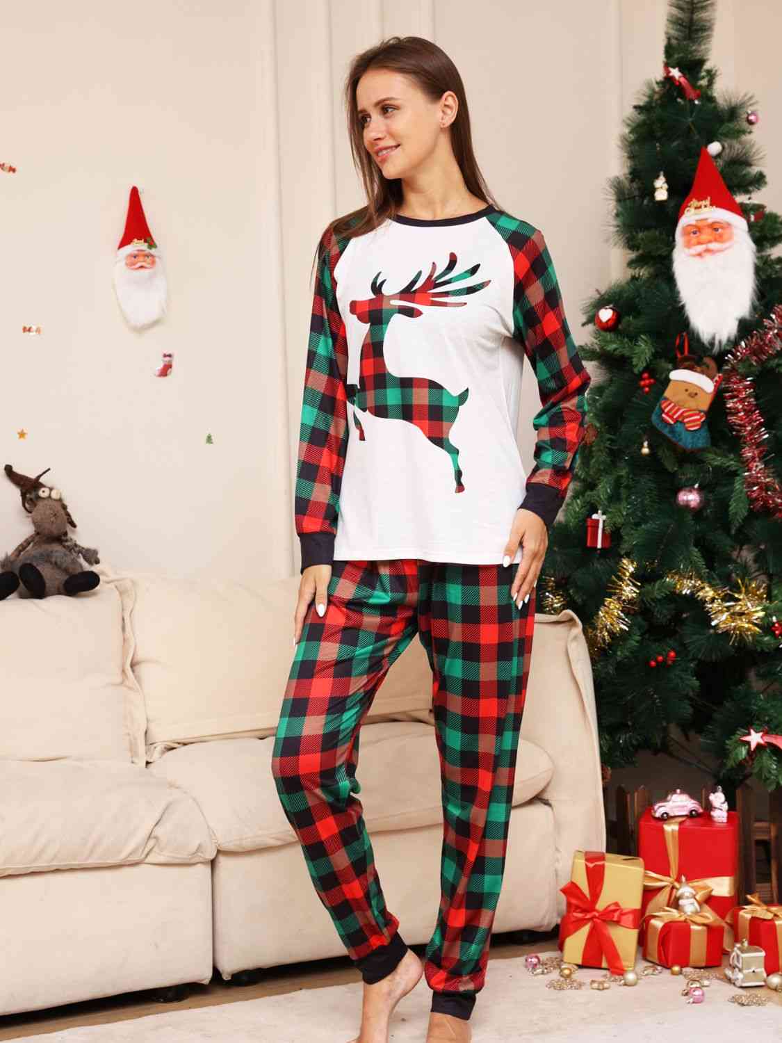 Full Size Reindeer Graphic Top and Plaid Pants Set Plaid Pajamas JT's Designer Fashion