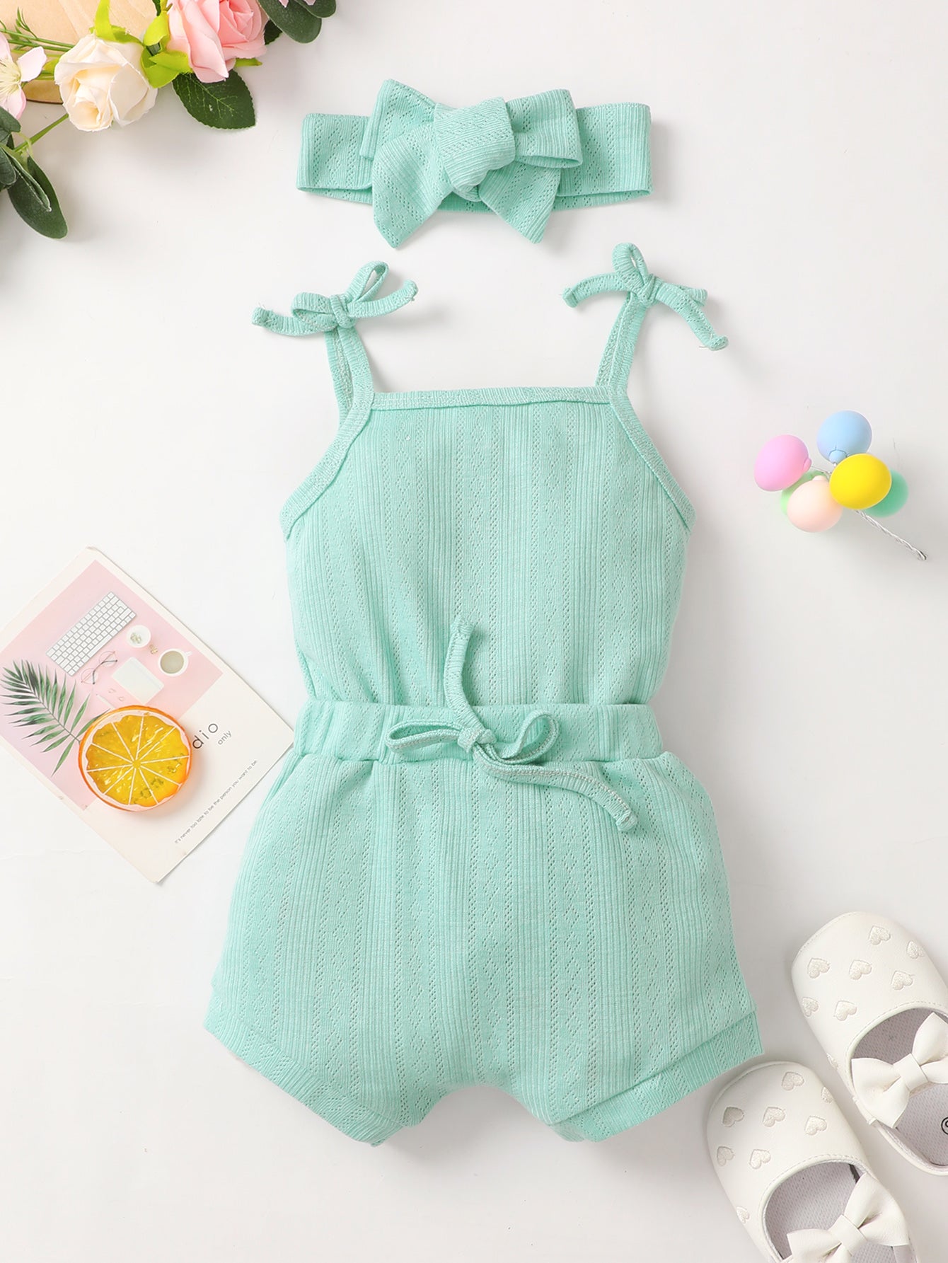 Baby Girl Waffle-Knit Tie-Shoulder Top and Shorts Set Green Baby JT's Designer Fashion