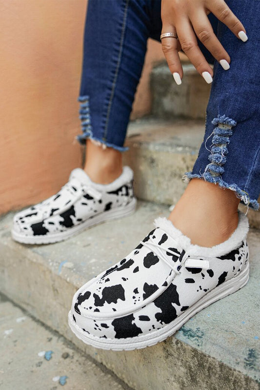 Bright White Cow Pattern Lace-up Decor Front Slip-on Flats Women's Shoes JT's Designer Fashion