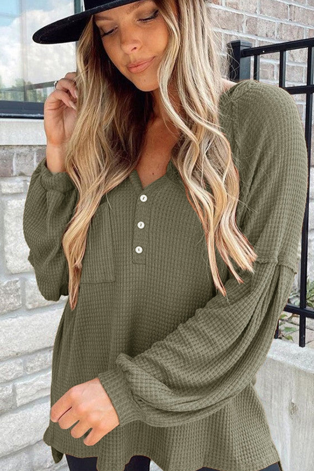 Green Buttoned V Neck Drop Shoulder Waffle Knit Top Long Sleeve Tops JT's Designer Fashion
