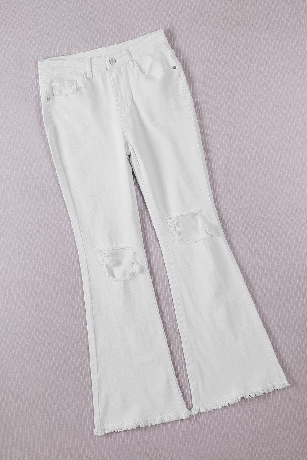 White Distressed Hollow-out Knee Frayed Flare Jeans Jeans JT's Designer Fashion