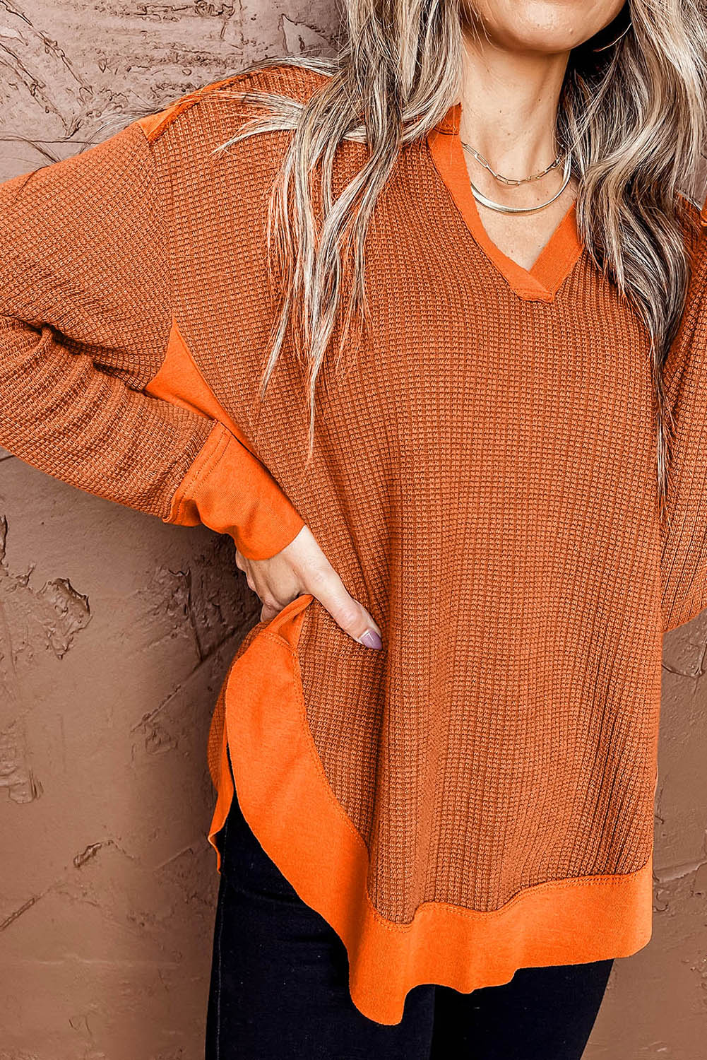 Orange Waffle Knit Patchwork V Neck Long Sleeve Top Long Sleeve Tops JT's Designer Fashion