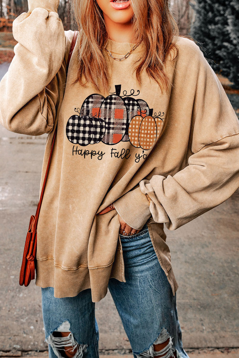 Khaki Plaid Pumpkin Graphic Washed Split Sweatshirt Graphic Sweatshirts JT's Designer Fashion