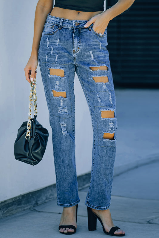 Buttoned Pockets Distressed Jeans Sky Blue 75%Cotton+24%Polyester+1%Elastane Jeans JT's Designer Fashion