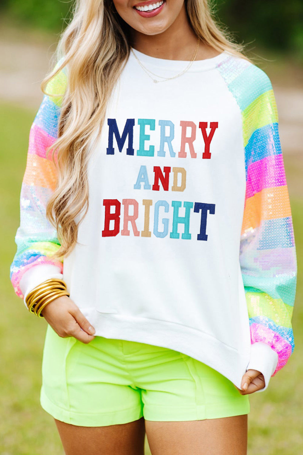 White MERRY AND BRIGHT Colorblock Sequin Sleeve Sweatshirt White 65%Polyester+35%Cotton Graphic Sweatshirts JT's Designer Fashion