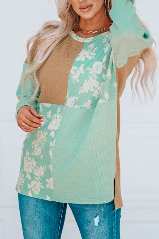 Green Floral Print Color Block Patchwork Top Green 95%Polyester+5%Elastane Long Sleeve Tops JT's Designer Fashion