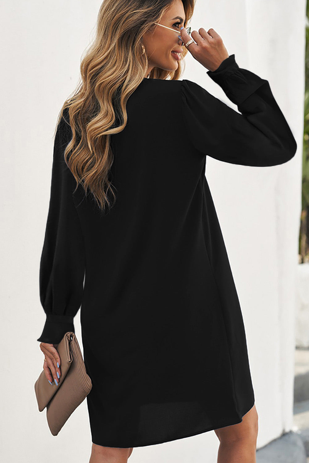 Black Split V Neck Ruffled Sleeves Shirt Dress Mini Dresses JT's Designer Fashion