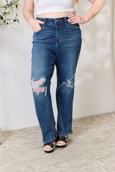 Judy Blue Full Size High Waist 90's Distressed Straight Jeans Dark Jeans JT's Designer Fashion