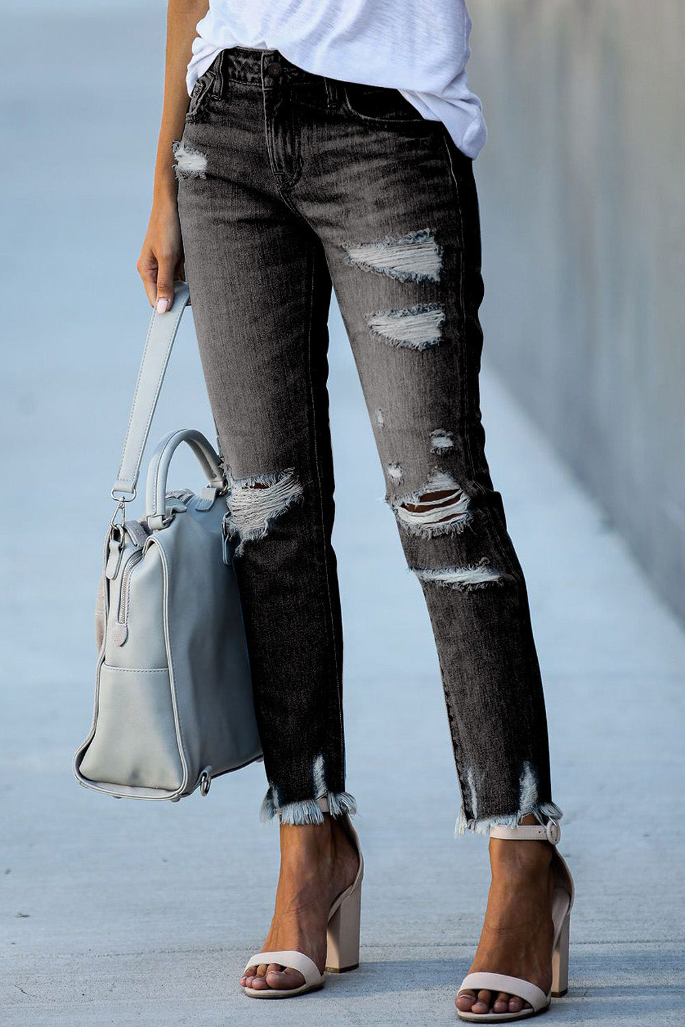 Black Distressed Boyfriend Denim Pants Jeans JT's Designer Fashion