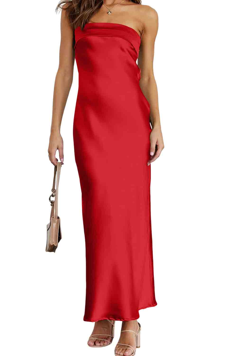 Red Strapless Pleated Neckline Cut out Back Maxi Dress Dresses JT's Designer Fashion
