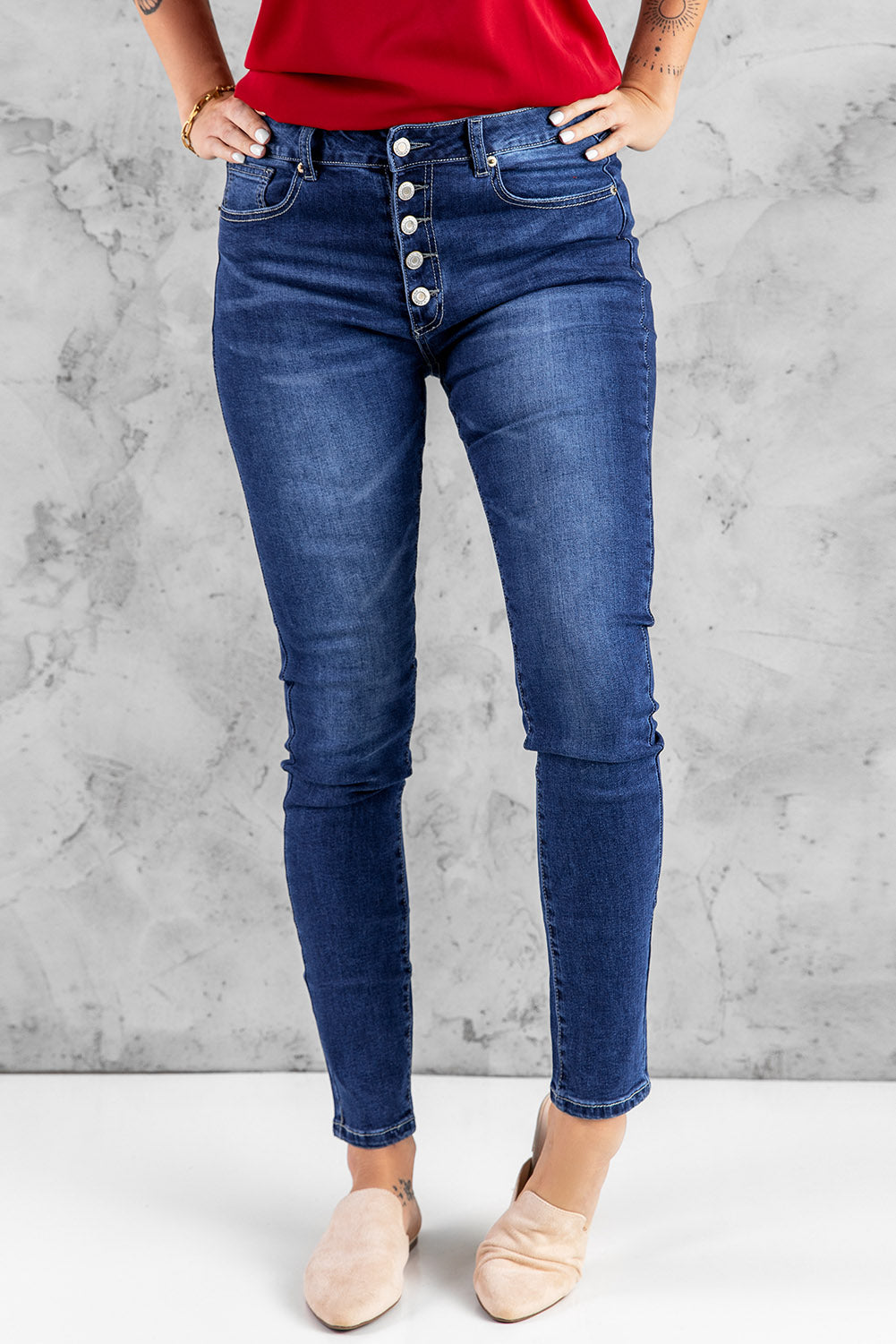 Blue High Rise Skinny Button Fly Jeans Blue 72%Cotton+26%Polyester+2%Elastane Jeans JT's Designer Fashion