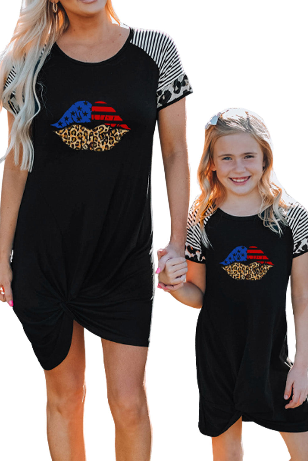 Black American Flag Leopard Lip Print Ruched T Shirt Dress Family Dress JT's Designer Fashion