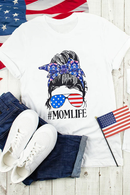White MOMLIFE American Flag Graphic Print Crewneck Top White 95%Cotton+5%Elastane Family T-shirts JT's Designer Fashion