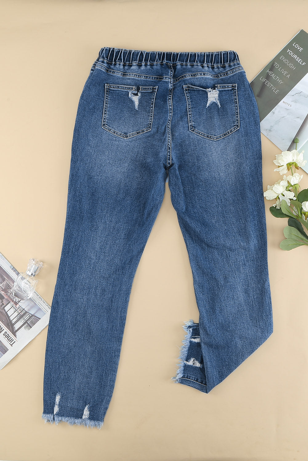 Dark Blue Elastic Waist Straight Leg Destroyed Raw Hem Jeans Jeans JT's Designer Fashion