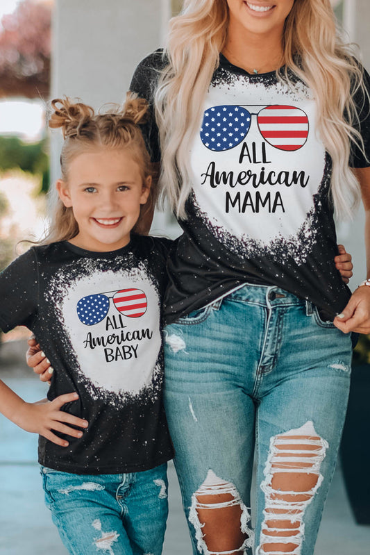 Black All American Mama Flag Pattern Printed Family Matching T Shirt Black 95%Polyester 5%Elastane Family T-shirts JT's Designer Fashion